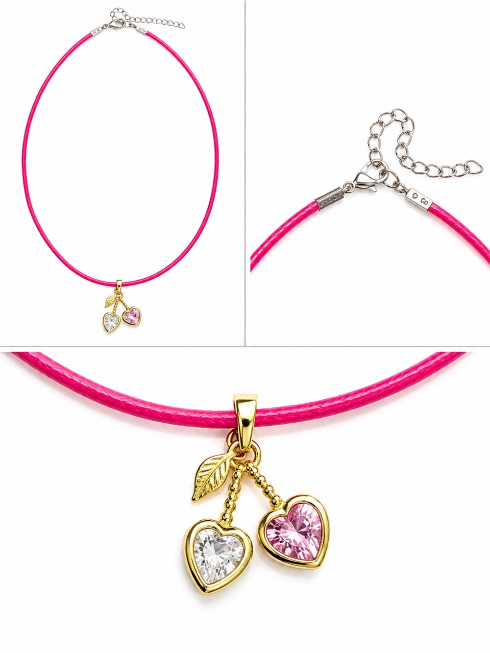Gold Heart Pendant Necklace with Pink Cord and Dual Heart Stones - Picture 4 of 4